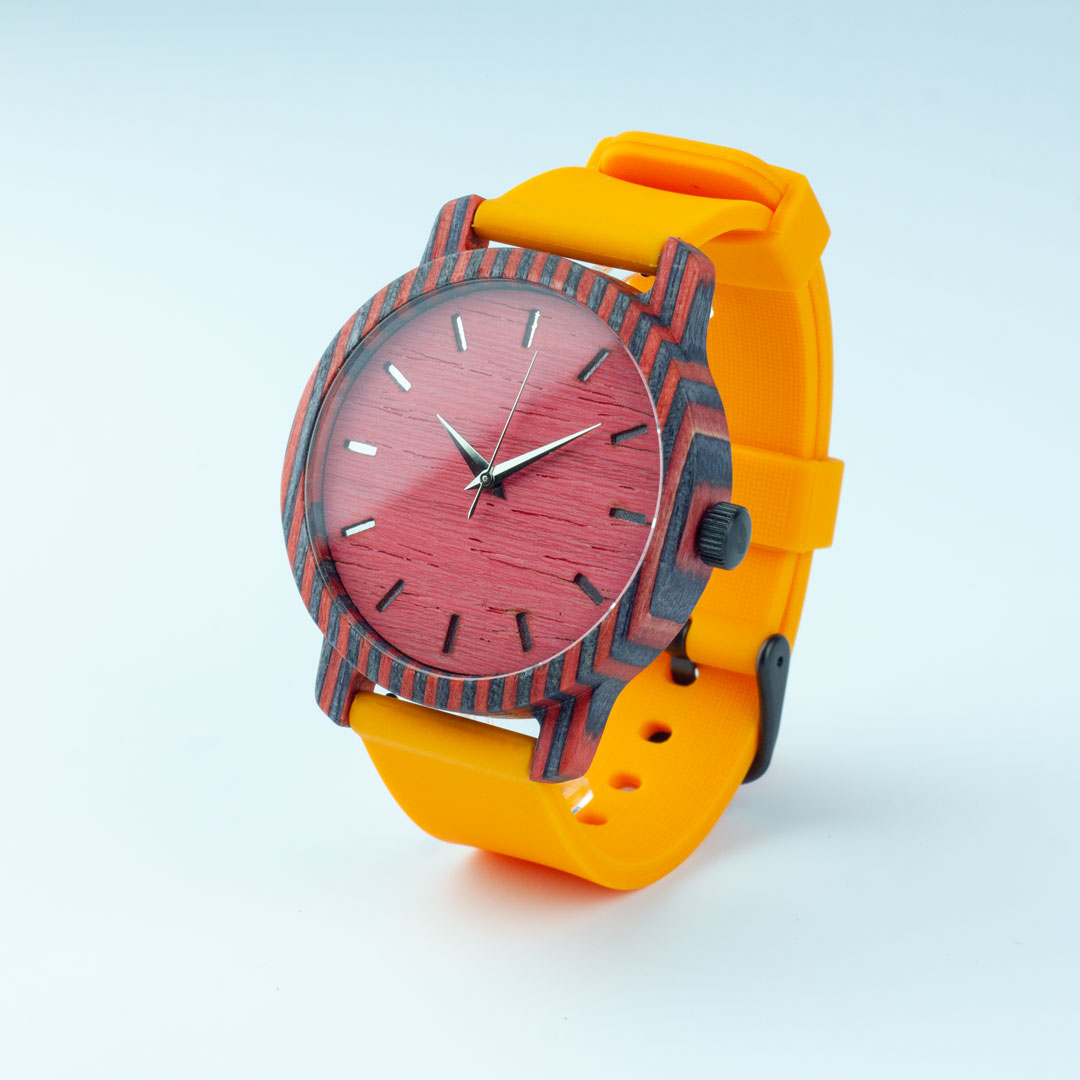 Деревянные часы "Garda | Classic" c оранжевым силиконовым ремешком