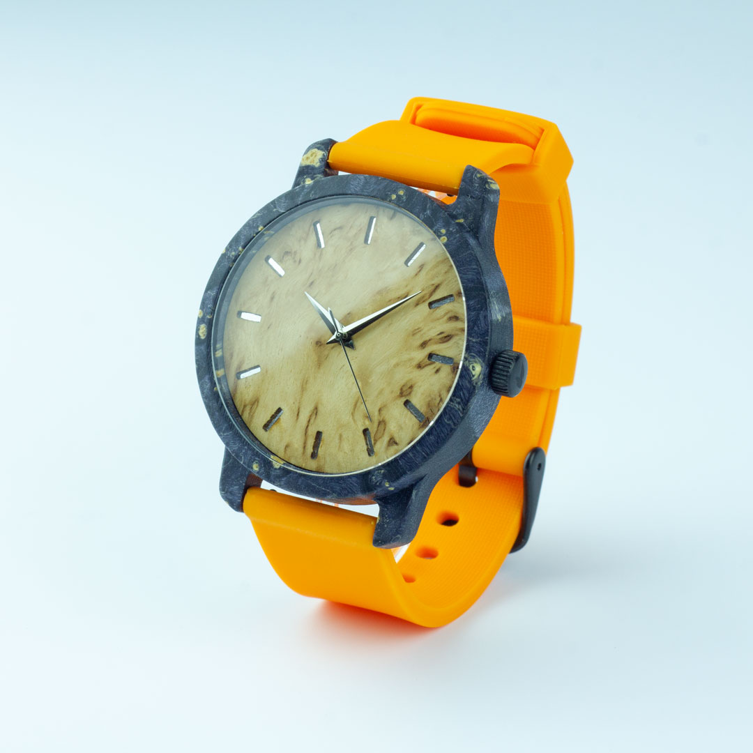 Деревянные часы "Hoop | Classic" c оранжевым силиконовым ремешком