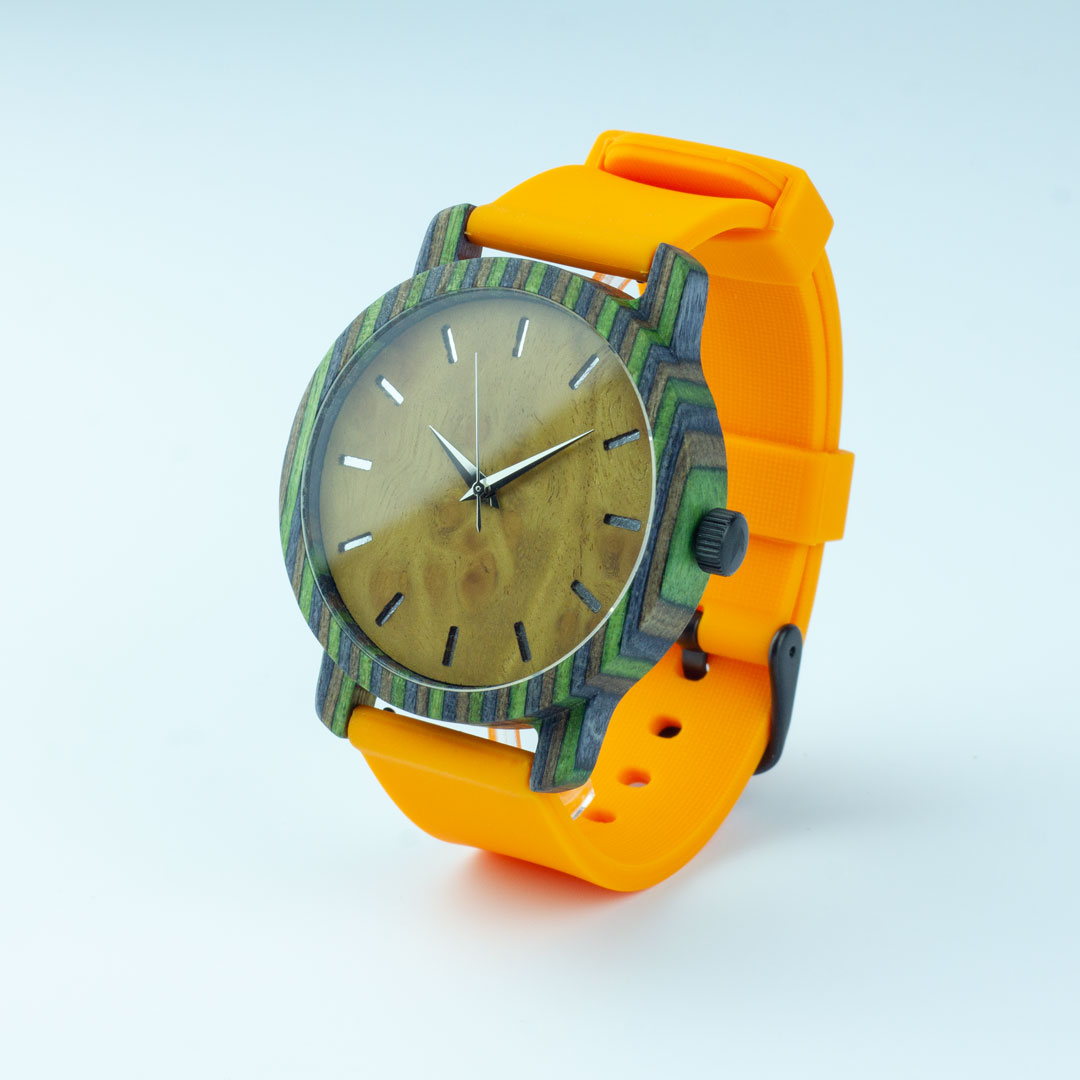 Деревянные часы "Perry | Classic" c оранжевым силиконовым ремешком