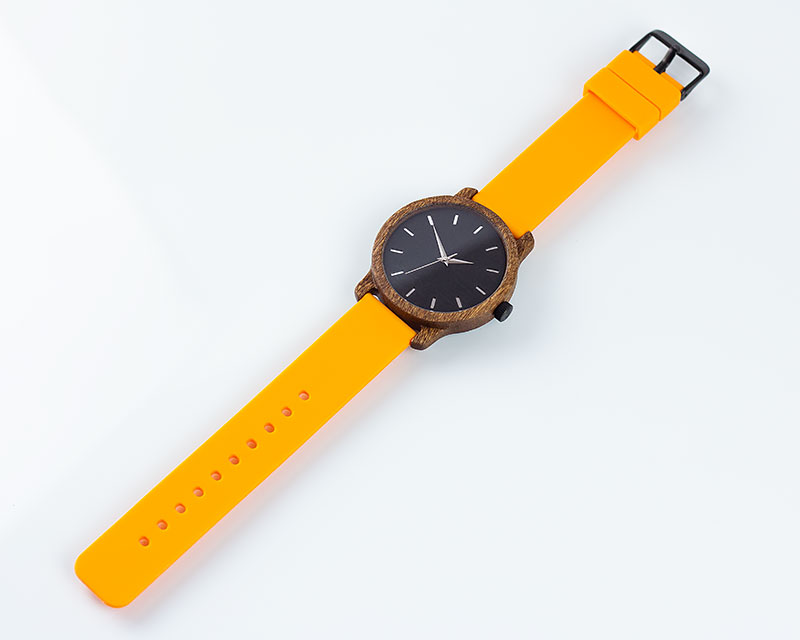 Деревянные наручные часы, дерево сапеле | Оранжевый силиконовый ремень